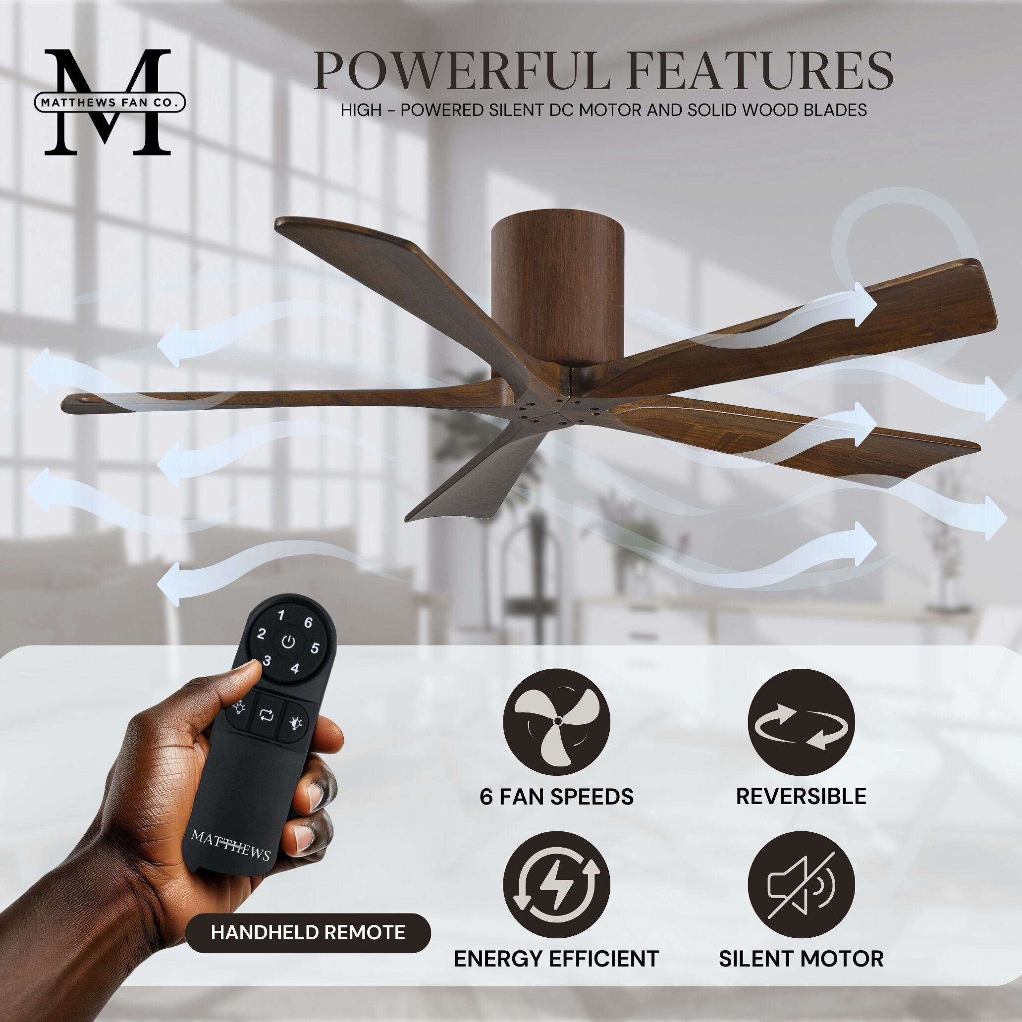 Atlas Irene-5H 52 inch Walnut Tone Flush Mount Paddle Fan, Flush Mounted
